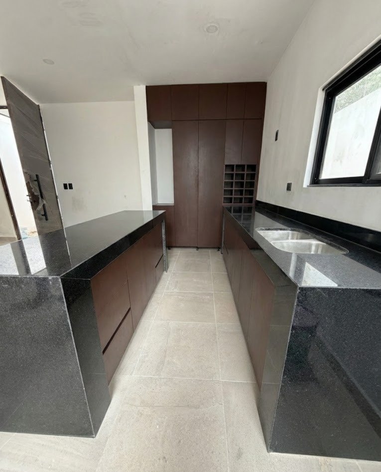 Cocina con gabinetes y granito